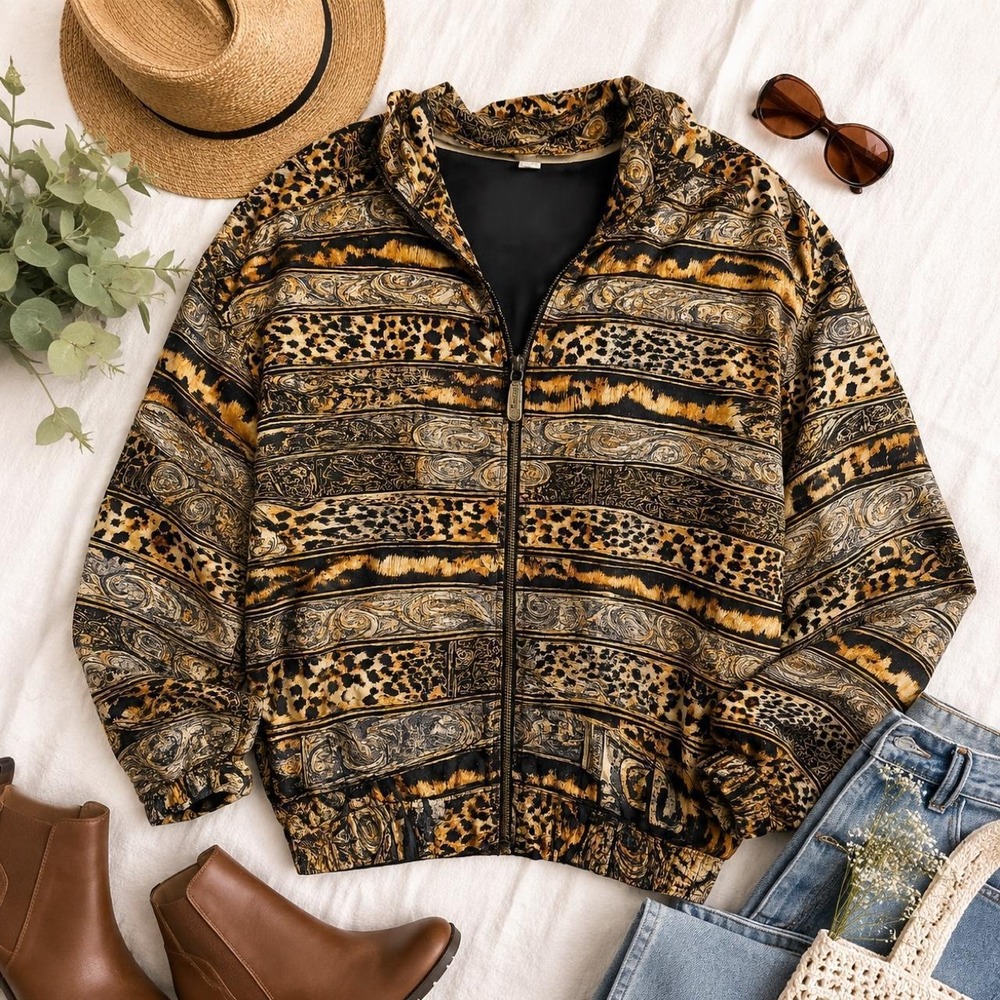 Vintage Fuda International 100% Silk Animal Print Bomber Jacket Large 90s Zip